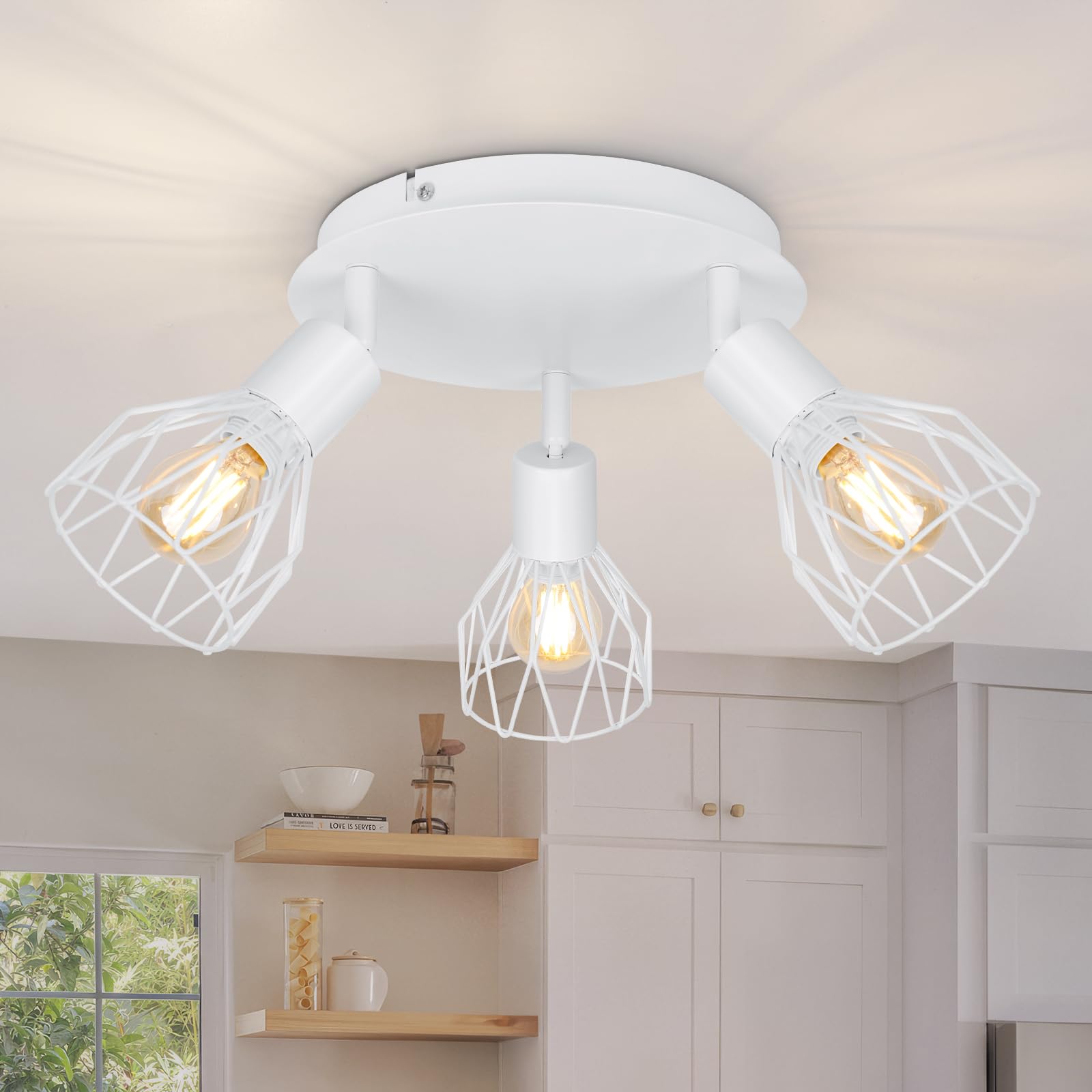 Kimjo Lámpara de Techo con 3 Focos Led E14, Plafón con Focos Ajustable, Interior Focos de Techo, Apliques Techo Blanco, Lampara Focos Led Techo para Dormitorio Cocina, Max. 40W Sin Bombilla