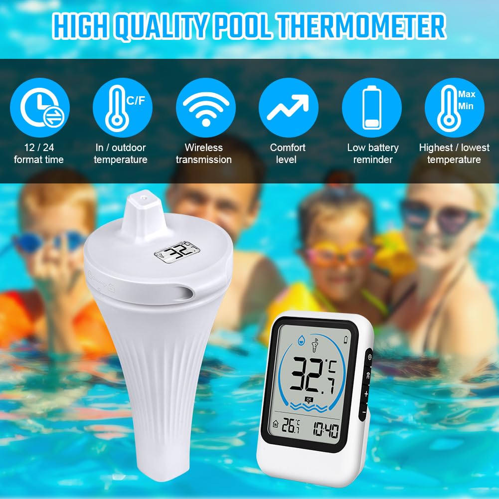 OFFCUP Thermomètre Piscine Flottant Sans Fil IP67 Étanche Numérique Intérieur Extérieur
