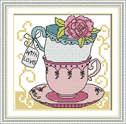 Image of Howie's Needlepoint Cross Stitch Kits, 11CT Pre-Printed Pattern Needlepoint Kits, Full Range of Stamped Starter Kits (Teacup Two, 7.1 x 7.1 Inch)