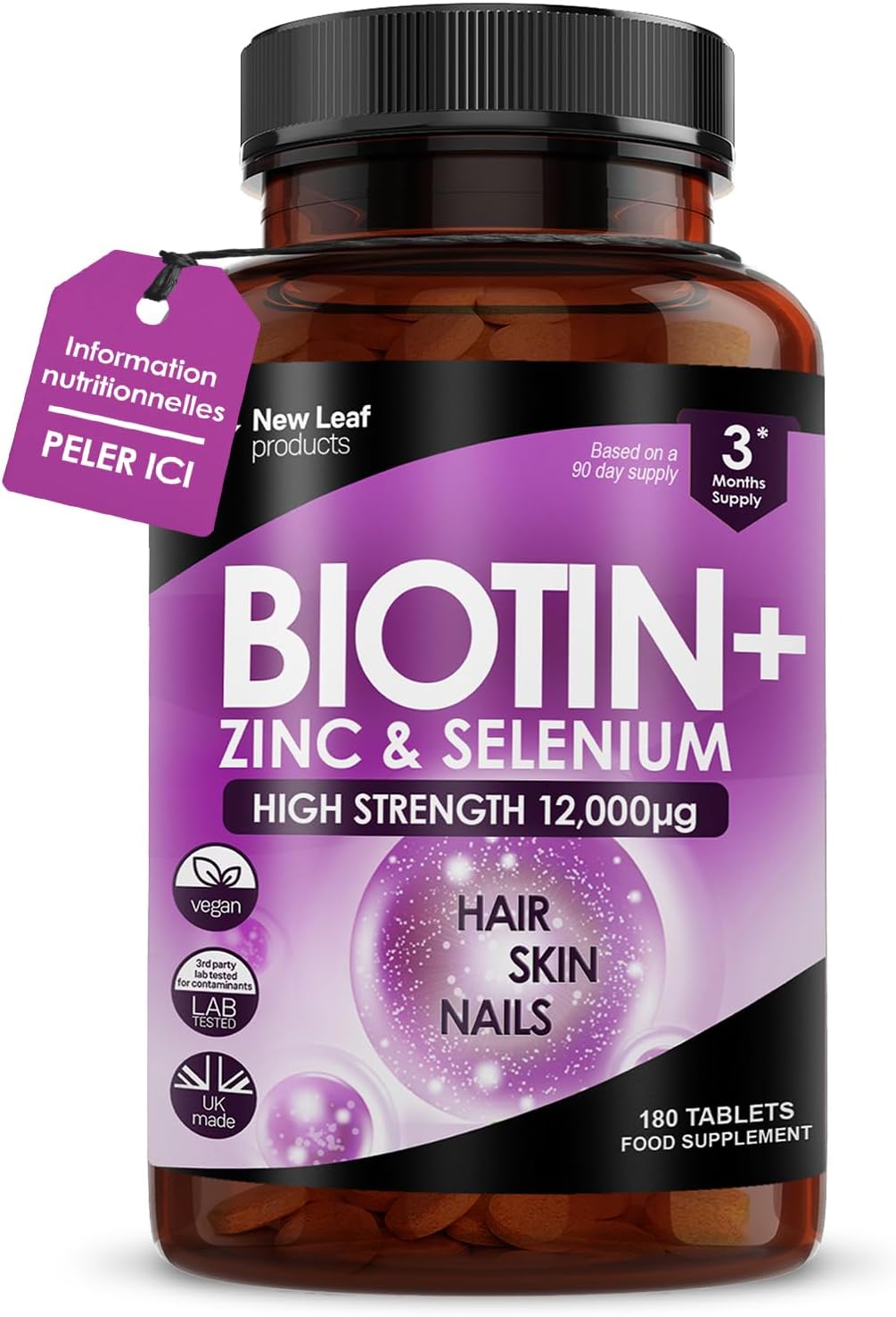 New Leaf Biotin Hair Tablets, Biotin Tablets with Zinc and Selenium, 12,000 mcg, Vegan Vitamins for Hair, Skin & Nails, High Concentration, 3 Month Cure, Made in the UK New Leaf Biotin Hair Tablets, Biotin Tablets with Zinc and Selenium, 12,000 mcg, Vegan Vitamins for Hair, Skin & Nails, High Concentration, 3 Month Cure, Made in the UK