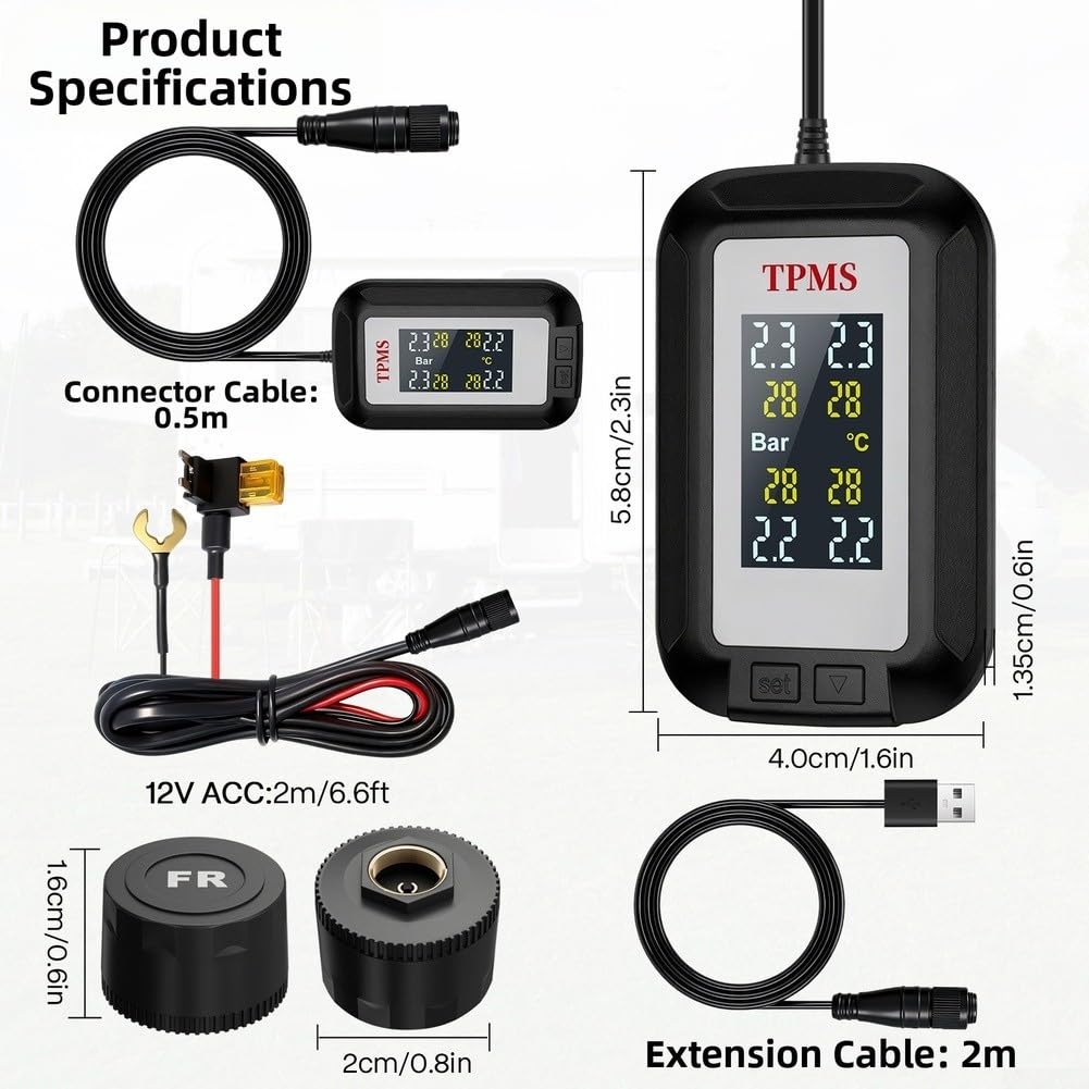 Manometro digitale TPMS senza fili con app di controllo mobile per moto, camion, camper, spegnimento automatico, monitoraggio della temperatura, grande schermo LCD, alimentazione 12 V