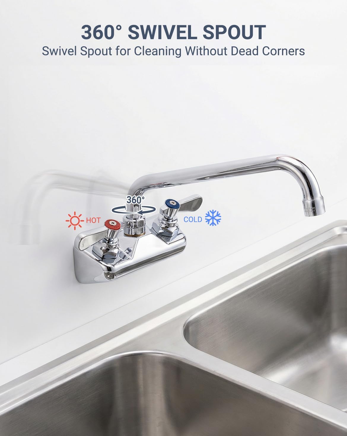 Commercial Sink Faucet - Leak Free Brass 4 Inch Wall Mount 2 Hole, 12" Swivel Spout 3 Compartment Sink Faucet for Restaurant/Industrial/Kitchen/Laundry/Bar