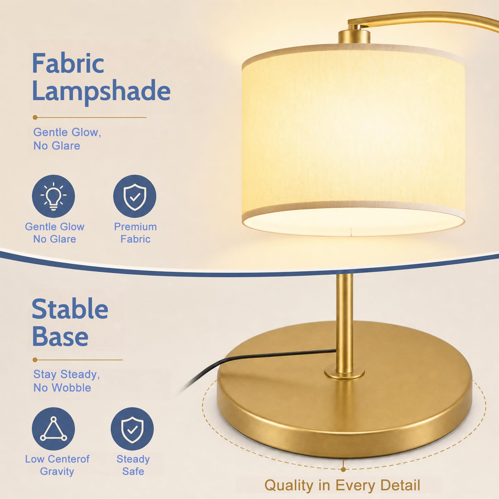 Lampada Da Terra Ad Arco 157 cm, Testa Orientabile, E27, Oro | Paralume in lino, lampadina LED 12W a 3 tonalità inclusa, interruttore a pedale, base stabile in metallo