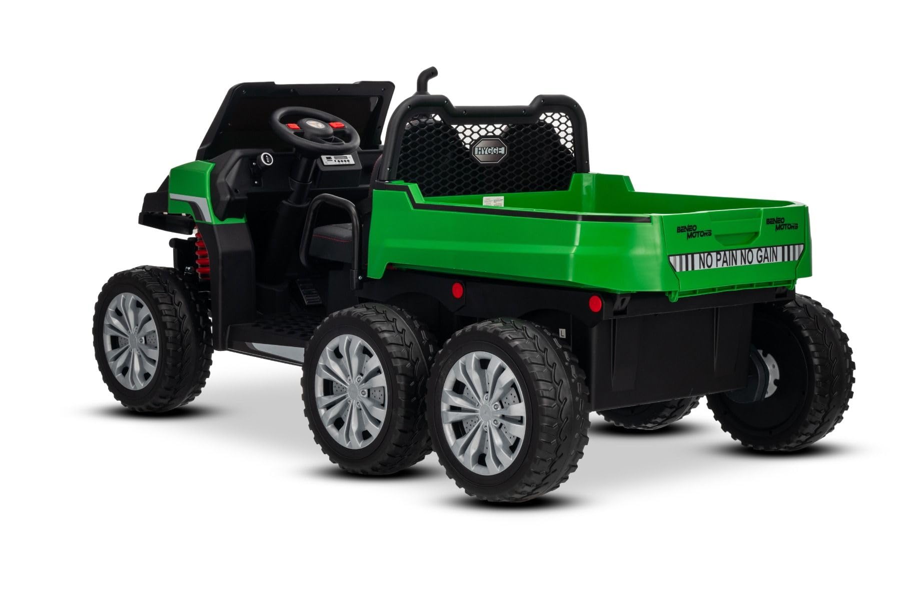 Voiture électrique Enfants 24V 2 Places 4x4 agricole Rider avec Transmission intégrale 4X 200W, Verte, Batterie Lithium, 6X6 Roues EVA, siège Double en Similicuir, essieux avec Suspension, Bluetooth