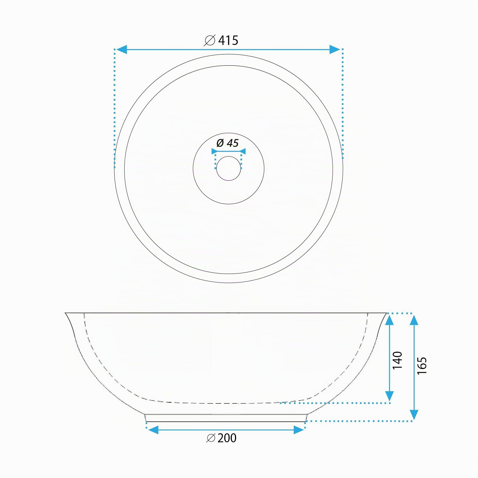 Rea Aufsatzwaschbecken Waschtisch Handwaschbecken Bad Waschschale Waschbecken für Badezimmer 415 x 415 x 165 mm Keramik (Zeichnung)