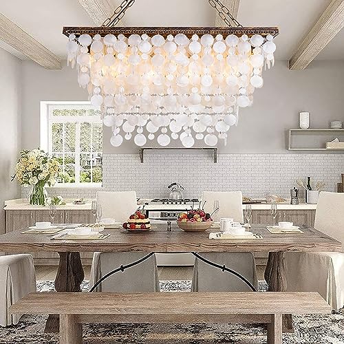 Wellmet 9 Lights Capiz Shell Chandelier, Dining Room Coastal Light Fixture, Modern Rectangle Seashell Ceiling Hanging Light for Kitchen, Living Room, Bronze Finish, L-32 inches - Image 3