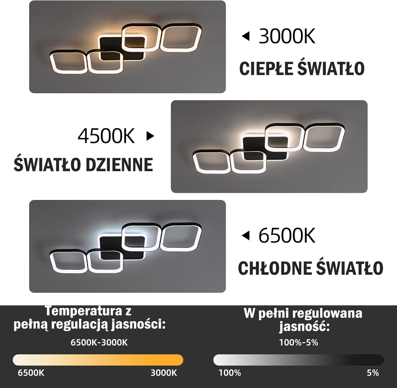 ANTENLICHT LED Deckenleuchte Wohnzimmer 50W 5600LM mit Fernbedienung Stufenlos Dimmbar 2700-6500K, Wohnzimmerlampe mit Memory-Funktion aus Metall für Schlafzimmer Esszimmer Flur Kinderzimmer, Schwarz