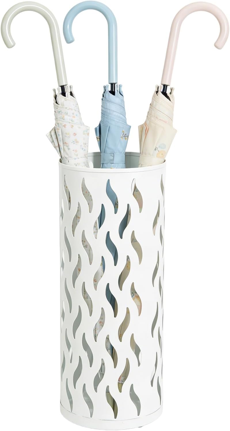 Umbrella Holder, Metal Umbrella Stand for Entryway, Umbrella Storage Rack with 4 Hooks Decor, Home, Office,5.8 × 5.8 × 16.4 (White)
