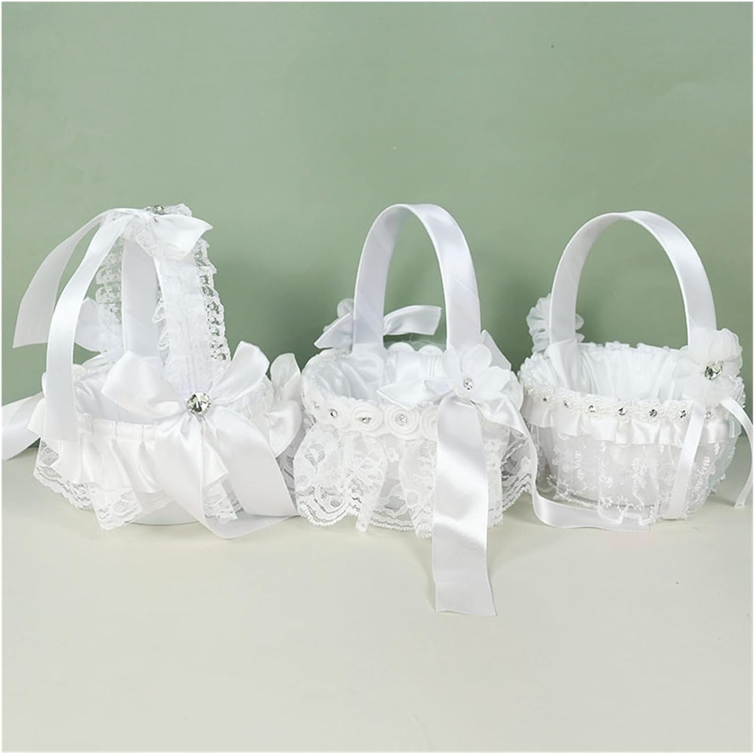 Wedding Flower Girl Basket with Lace, Lace Trimmed Flower Basket for Wedding Home Decor(White-1)