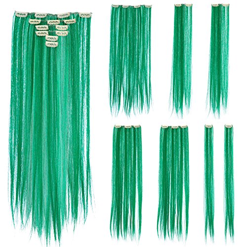 SWACC 7 Pcs Full Head Party Highlights Clip on in Hair Extensions Colored Hair Streak Synthetic Hairpieces (22-Inch Straight, Green)