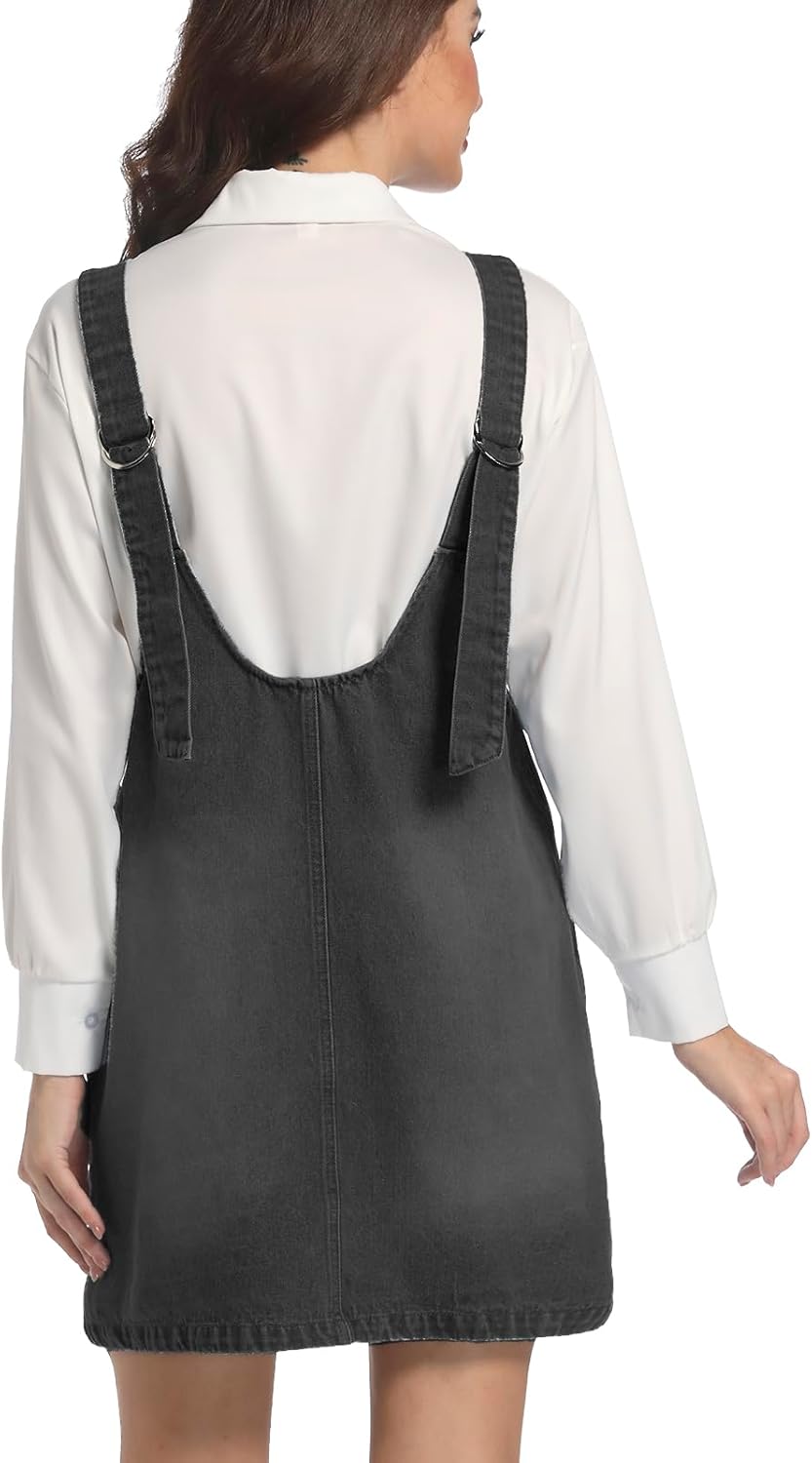 Women Denim Overall Dress Jean Jumper Dress High Roller Skirtall Mini Vintage Casual Romper with Pockets - Image 2