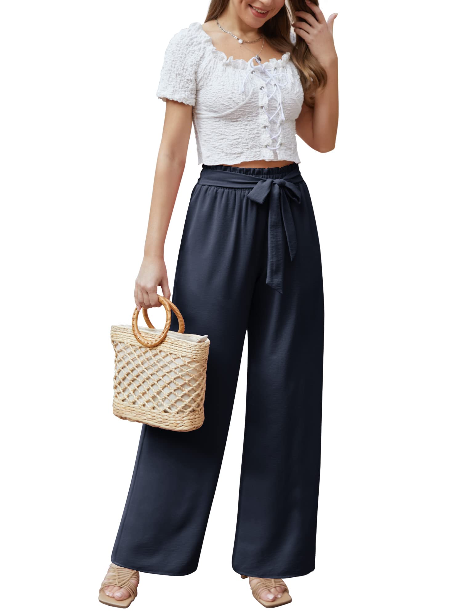 Ninee Pantalon de loisirs pour femme avec jambes larges, taille haute, travail, ample, plage
