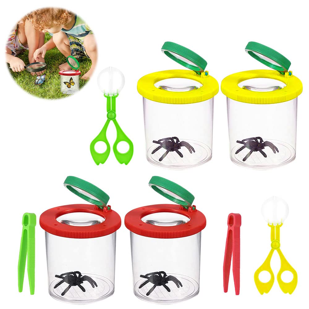 LUFEIS Barattolo per Insetti per Bambini, Educational Toys Barattolo Osserva Insetti, 4 Pezzi Lenti d'Ingrandimento con Pinzette in Plastica, Contenitore per Lente, per Piccoli Animali