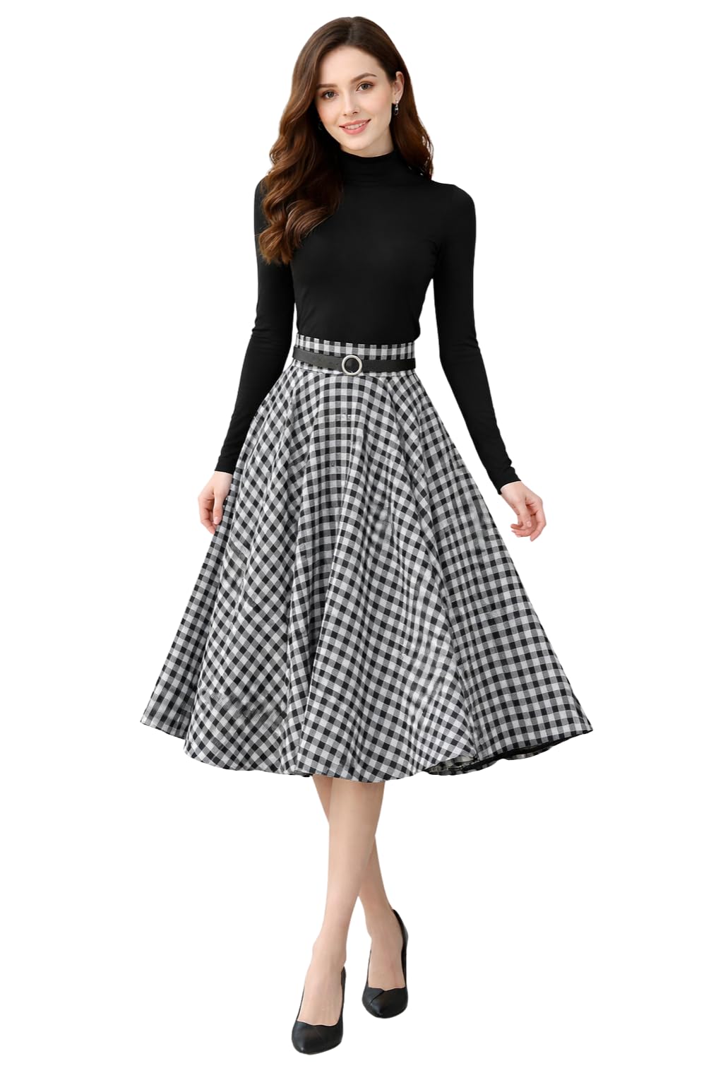 Women's High Rise A-Line Midi Skirt with Belt, Black and White Check Pattern, Cotton Blend, Free Size Waist 28-44 Inch, 28 Inch Length-image-48