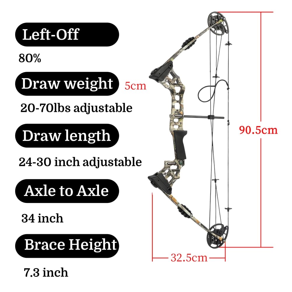 Set arco compound Archery 20-70 LBS pronto all'uso (RTH) - Lunghezza di trazione 24“-30”, 320 FPS per la caccia e il tiro al bersaglio con tutti gli accessori