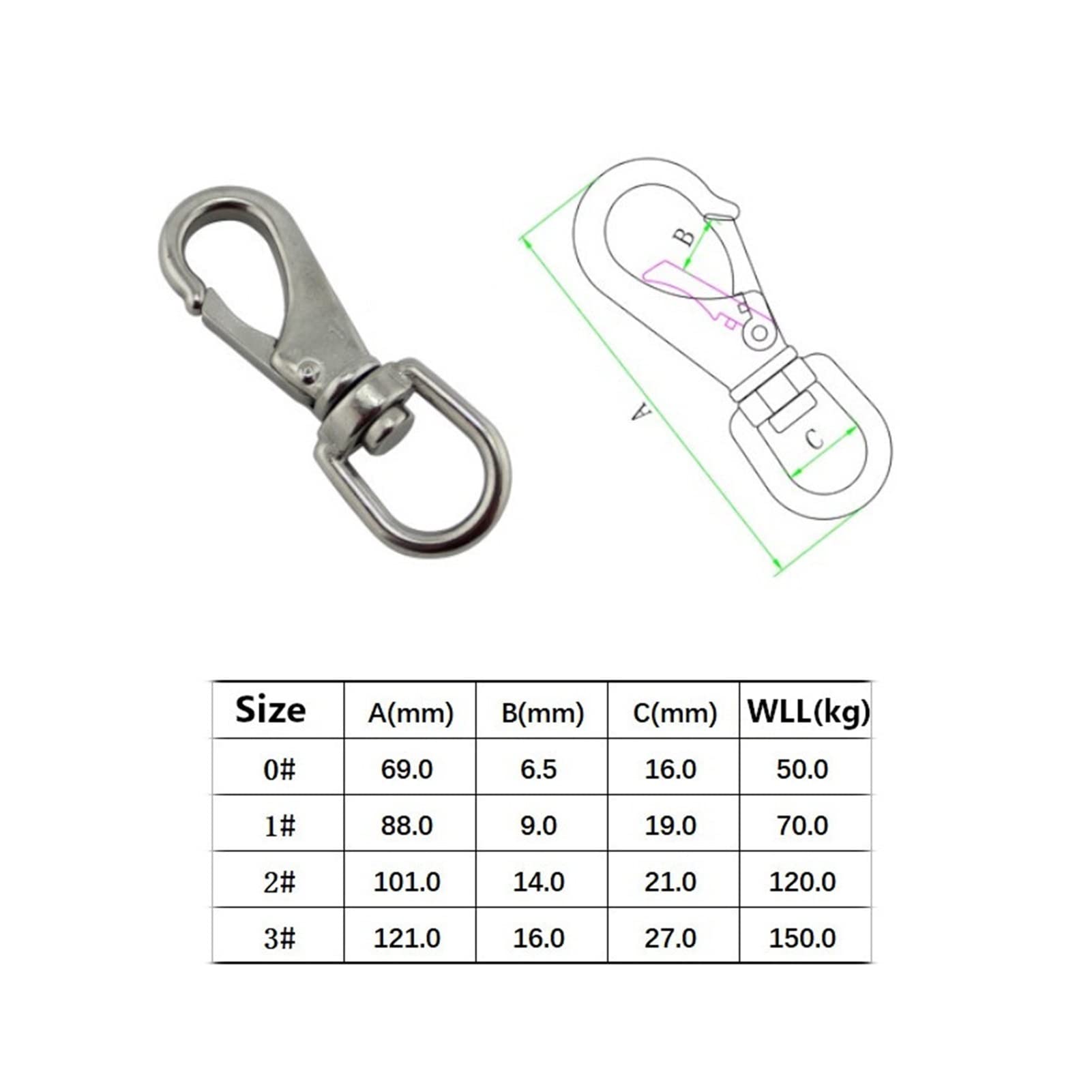 Downwind Packung 6 Marine Boat Drehung Augenfeder Snap Haken Größe 2# M6 304 Edelstahl Silberkette Befestigungshaken Karabiner (Color : 6PCS M6)