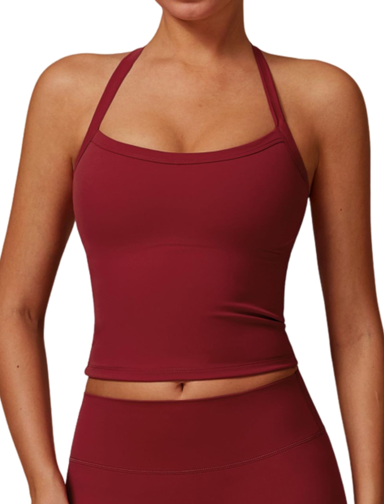 Photo 1 of (medium) Womens Scoop Neck Longline Sports Bras Fixed Cross Back Women Workout Crop Tank Tops with Built in Bra Active Wear Athletic Work Out Gym Yoga Padded Bra Tank Top Wine Red M