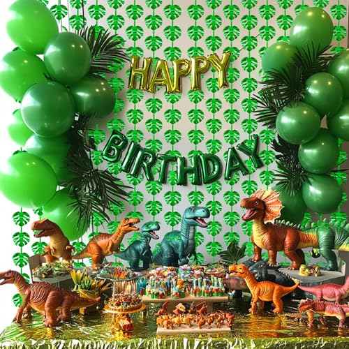 Image of 2 Packs Jungle Leaf Foil Fringe Curtain, Green Glitter Tropical Palm Leaves Metallic Tinsel Backdrop for Safari Birthday, Baby Shower, Hawaiian Aloha Luau Party Decorations Supplies