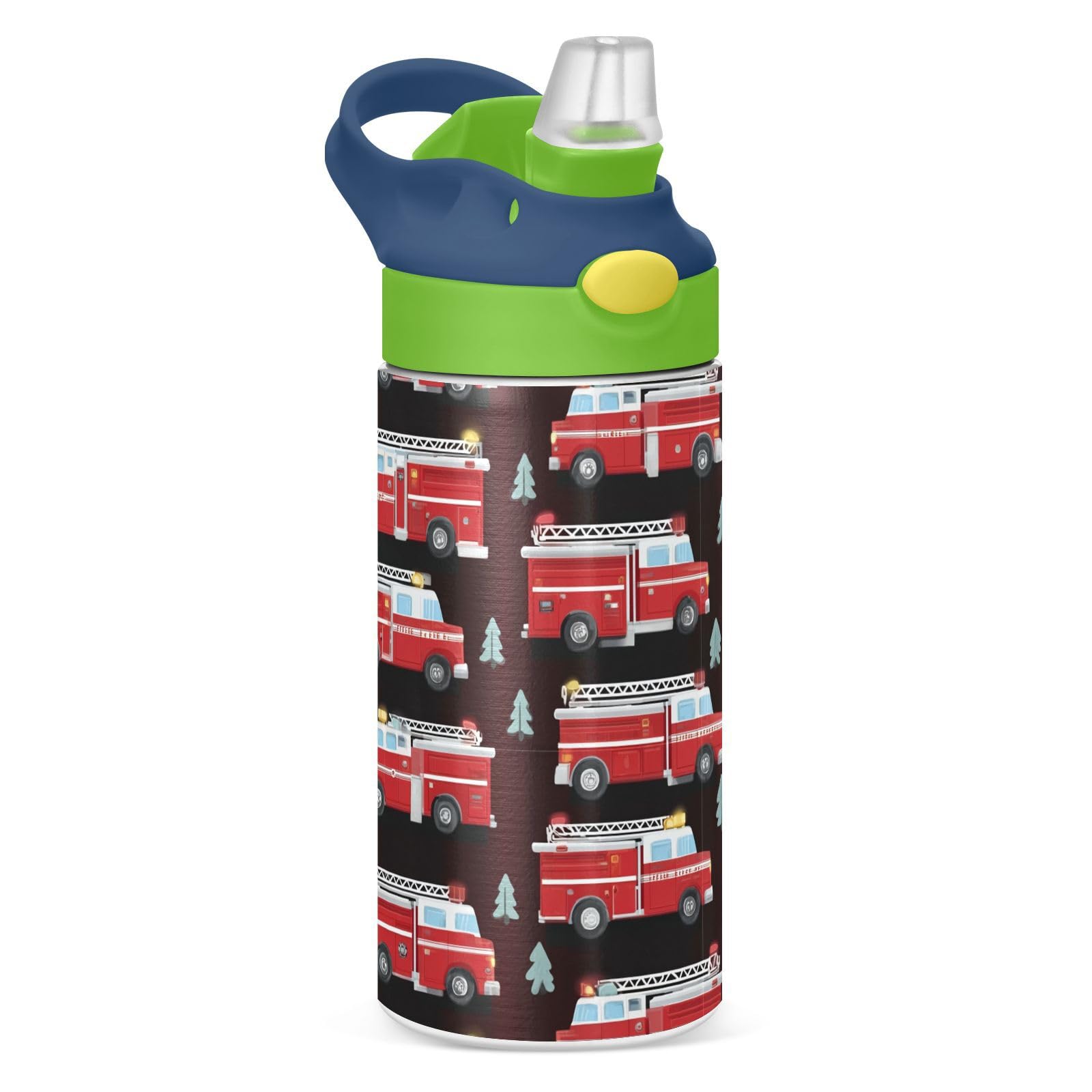 Boccsty Red Fire Rescue Truck Kids Water Bottle with Straw Lid Insulated Stainless Steel Reusable Tumbler for Boys Girls Toddlers 12 oz Green