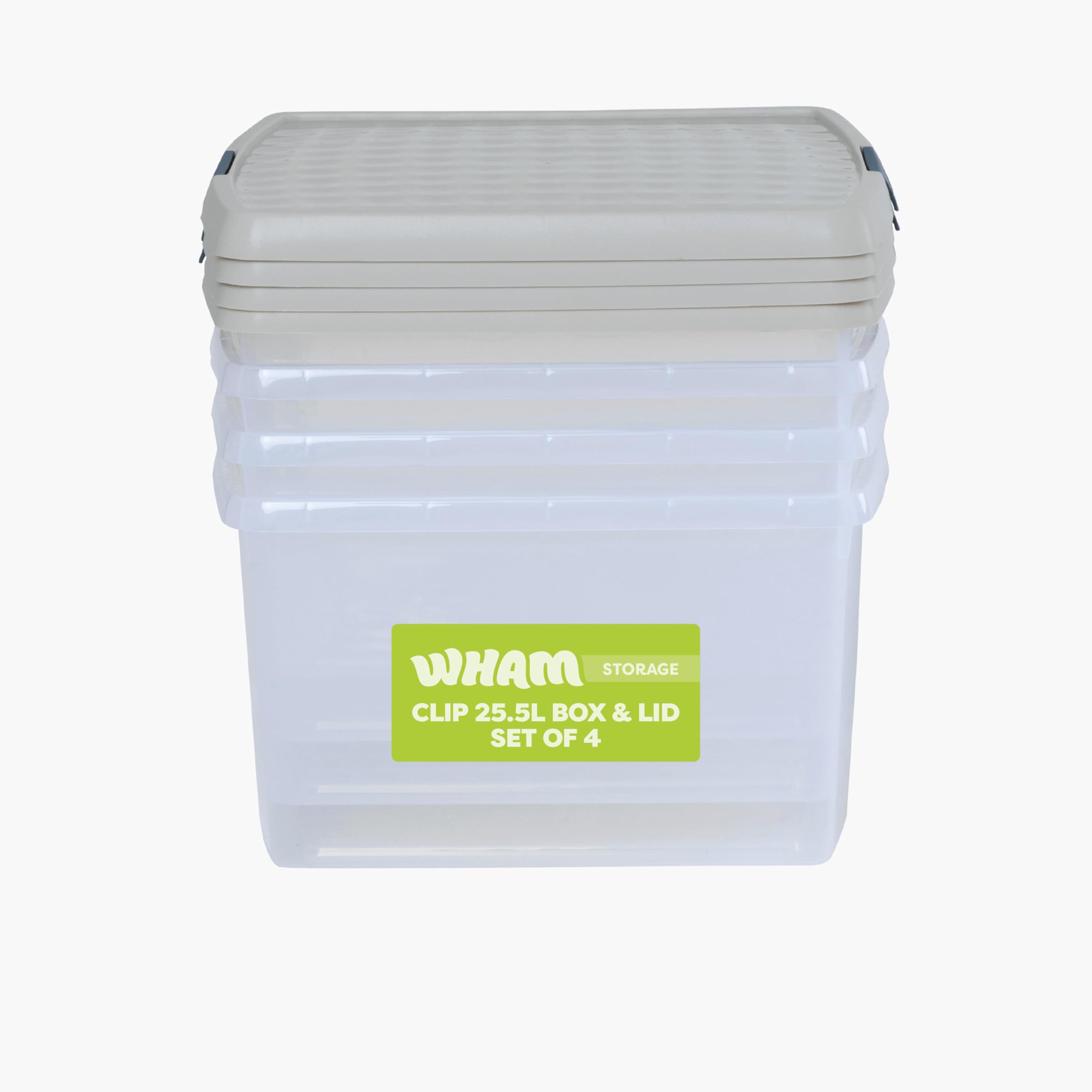 Wham Clear/Stone Clip 4 X 25.5L Square Stackable Plastic Storage Boxes With Lids | Ideal For Home, Office, Toys & More | Storage Containers With Clip Locks | Made In Uk