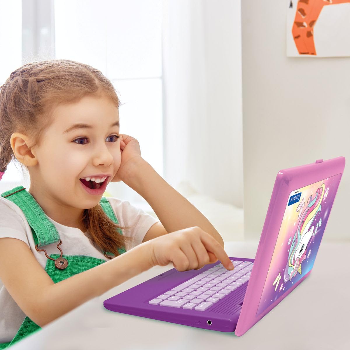 Lexibook, Jednorożec dwujęzyczny edukacyjny laptop z 164 zajęciami, nauka angielskiego/hiszpańskiego, matematyki, logiki, muzyki, realistycznej klawiatury i myszy, smukłej konstrukcji, różowy