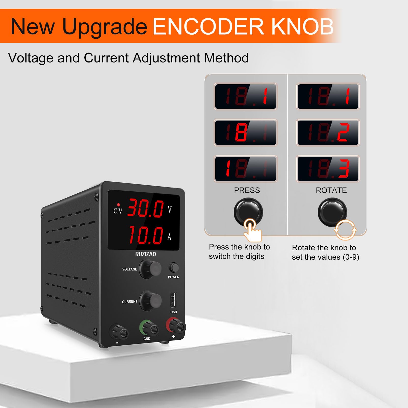 Alimentation de Laboratoire 30V 10A, Alimentation Reglable Stabilisée avec Encodeur et Affichage LED à 3 Chiffre, Alimentation Laboratoire Réglable avec Port USB 5V/2A Alimentation CC Réglable