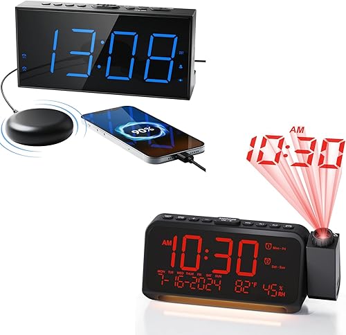 Roxicosly Reloj despertador de proyección dígitos blancos proyección roja+despertador súper fuerte con agitador de cama 2 unids