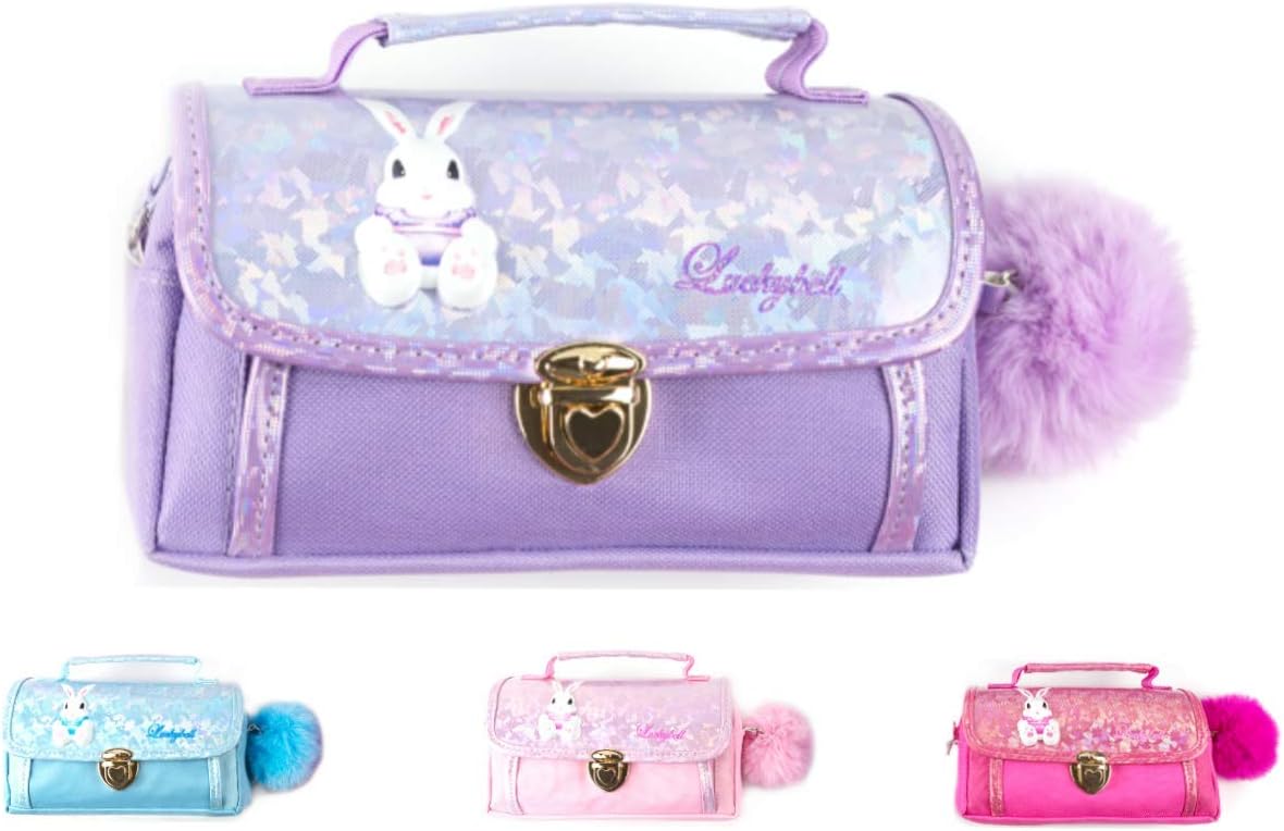 Luckybell Girls Pencil Case Multifunctional Handbag Purse Cosmetic-Makeup Stationery Organizer Pouch Shoulder Bag with Pom Pom for Kids School Ideal for Christmas Gift (Purple)