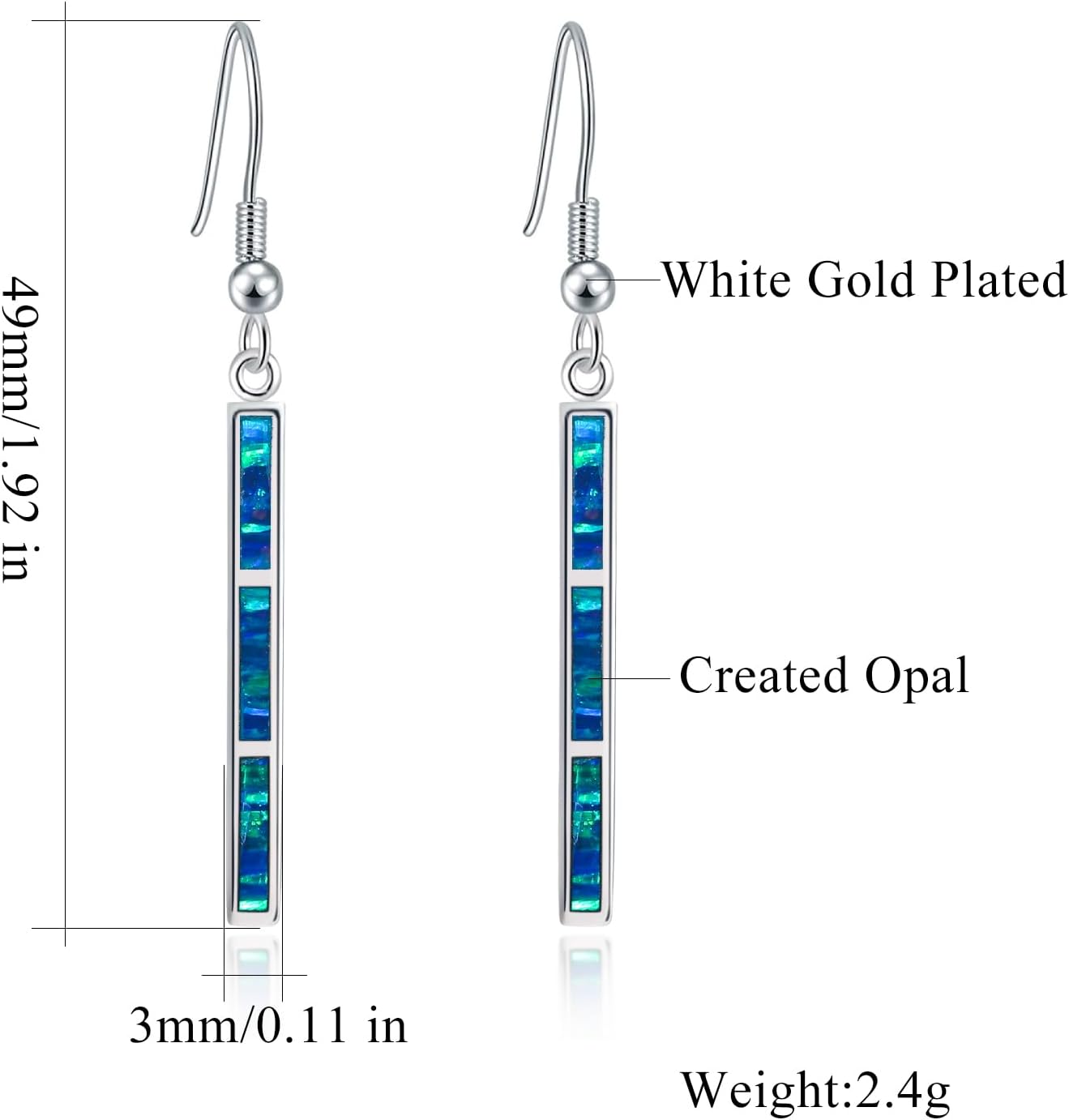 CiNily Opal Drop Earrings - Silver or Gold Plated Dangle Bar Jewelry for Women, Gems Earrings 2 1/8" - Image 4