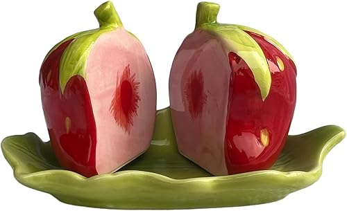 Juego de 2 saleros y pimenteros de frutas de cerámica, recipientes de almacenamiento para dispensadores de especias, fresa