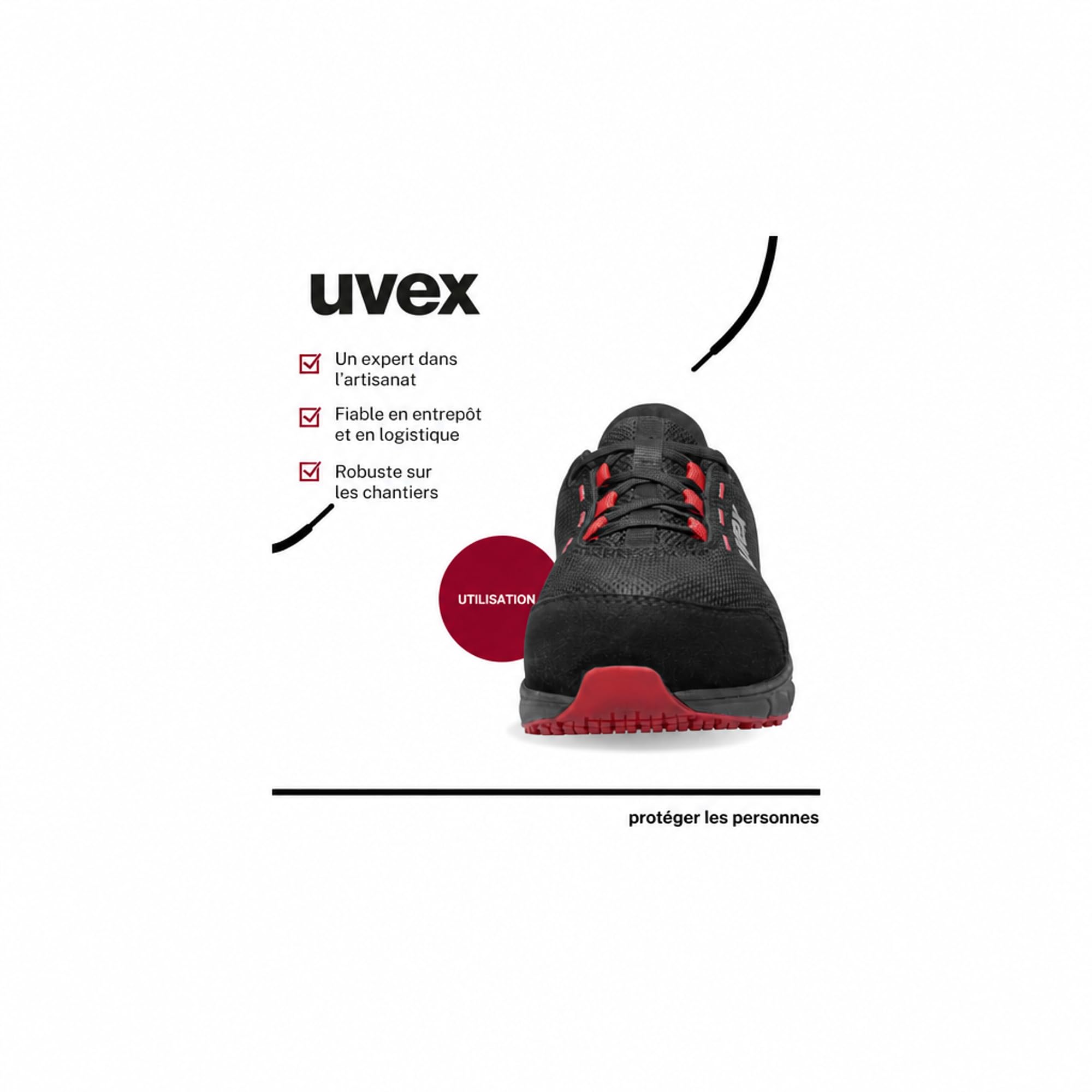 Uvex 1 x Dynam-x S1 PL buty ochronne – bez metalu, wyjątkowo lekkie i oddychające – męskie i damskie – antypoślizgowe – czarne/czerwone – szerokość 11