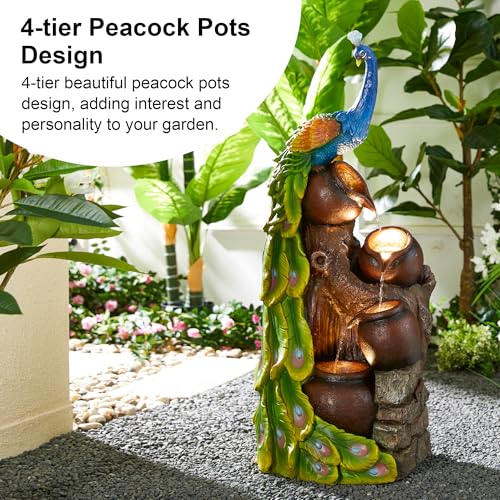 Image of Glitzhome 4-Tier Peacock and Jars Outdoor Water Fountain with LED Light, 40 inchH Oversized Resin Peacock Sculpture Waterfall Fountain with Submersible Pump for Garden Patio Porch