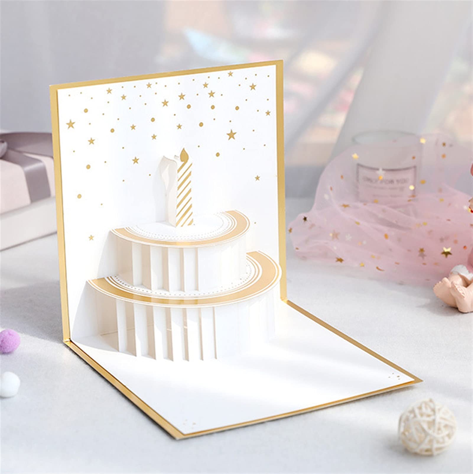 Kartki okolicznościowe kartki okolicznościowe 3D wycinane laserowo ręcznie pozłacane gwiazdki ciasto urodzinowe papier zaproszenie kartki pocztowe urodziny prezent dla dzieci przyjęcie urodzinowe prezent koperta karty podarunkowe (rozmiar: 8 szt.)