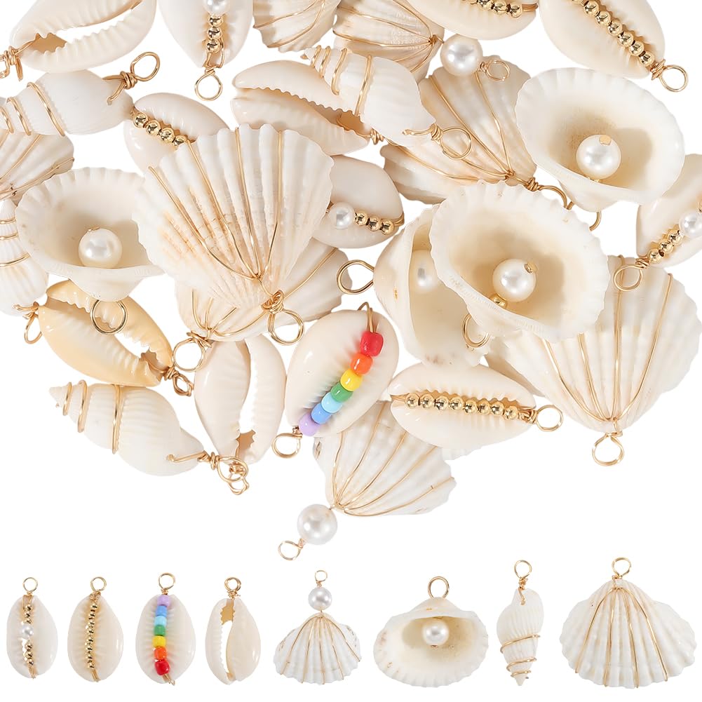 SUNNYCLUE 1 Box 32Pcs 8 Styles Natural Shell Charms Seashell Charms Bulk White Imitation Pearl Sea Conch Summer Life Loop Dangle Pendants for Jewellery Making Supplies Earrings Necklace Diy Crafts