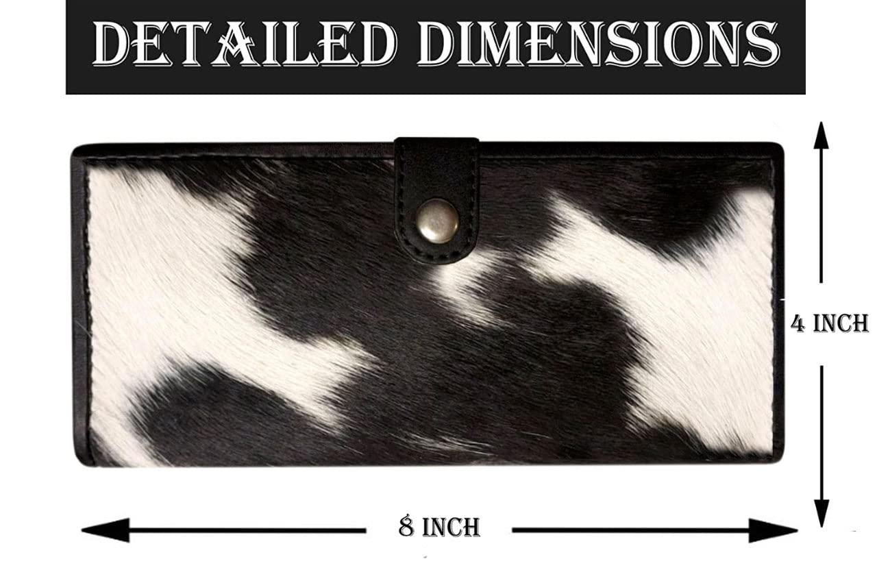 NGF Womens Zipper Wristlet Cowhide Clutch Real Leather Wallet Purse, Handbag Organizer for women Size 8 x 4 Inches CL-9 Black & White (Button)