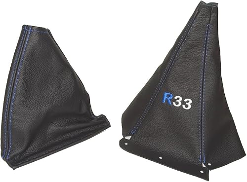 The Tuning-Shop Ltd Para Nissan Skyline R33 1993-1998 Gear & Handbrake Gaiter Cuero Negro Azul R33 Logo Bordado