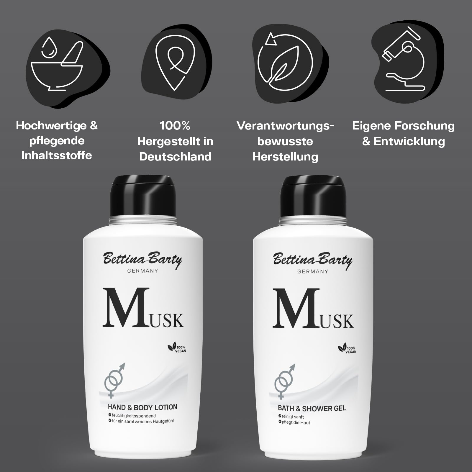 Bettina Barty Musk Bath & Shower Gel 12 x 500 ml – Duschgel mit sinnlichem Moschusduft – Feuchtigkeitsspendende Pflege für alle Hauttypen