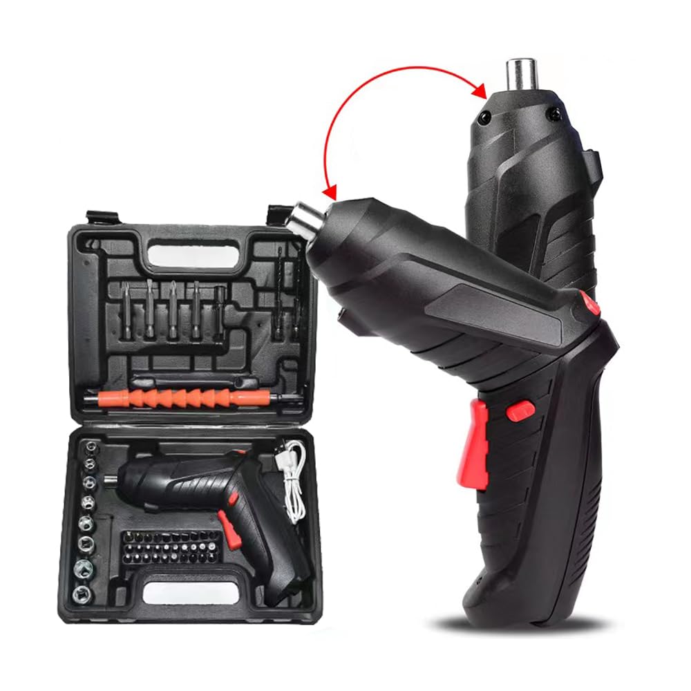 AFNZTME Cordless Electric Screwdriver Set with carrying case and various bits, showing the screwdriver in both pistol-grip and in-line configurations.