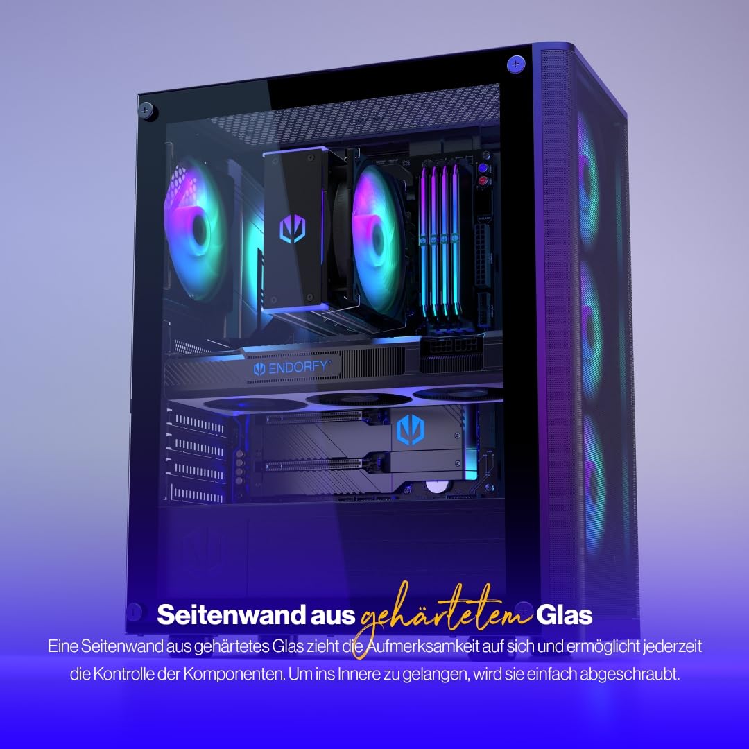 ENDORFY Ventum 200 ARGB PC-Gehäuse ATX mit Hartglas Seitenfenster | 4x Stratus 120 PWM ARGB Lüfter, PWM+ARGB Controller, Mesh Front, Radiator bis 360 mm, Schwarz