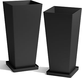 WORTH 28 Inch Tall Heavy Duty Plastic Planters Set of 2 - Modern Black Tapered Pots with Drainage Hole & Dual Tray for Indoor Outdoor Patio Garden