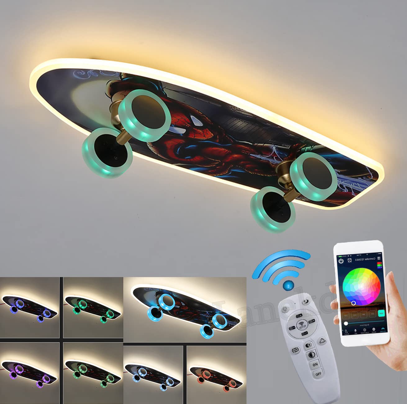 LED Ceiling Lights Skateboard Lamp Children's Room Bedroom Decor Ceiling Lamp Modern Dimmable with Remote Control APP Control RGB Kids Girls Boys Lamps Children Youth Room Hanging Light (A03)