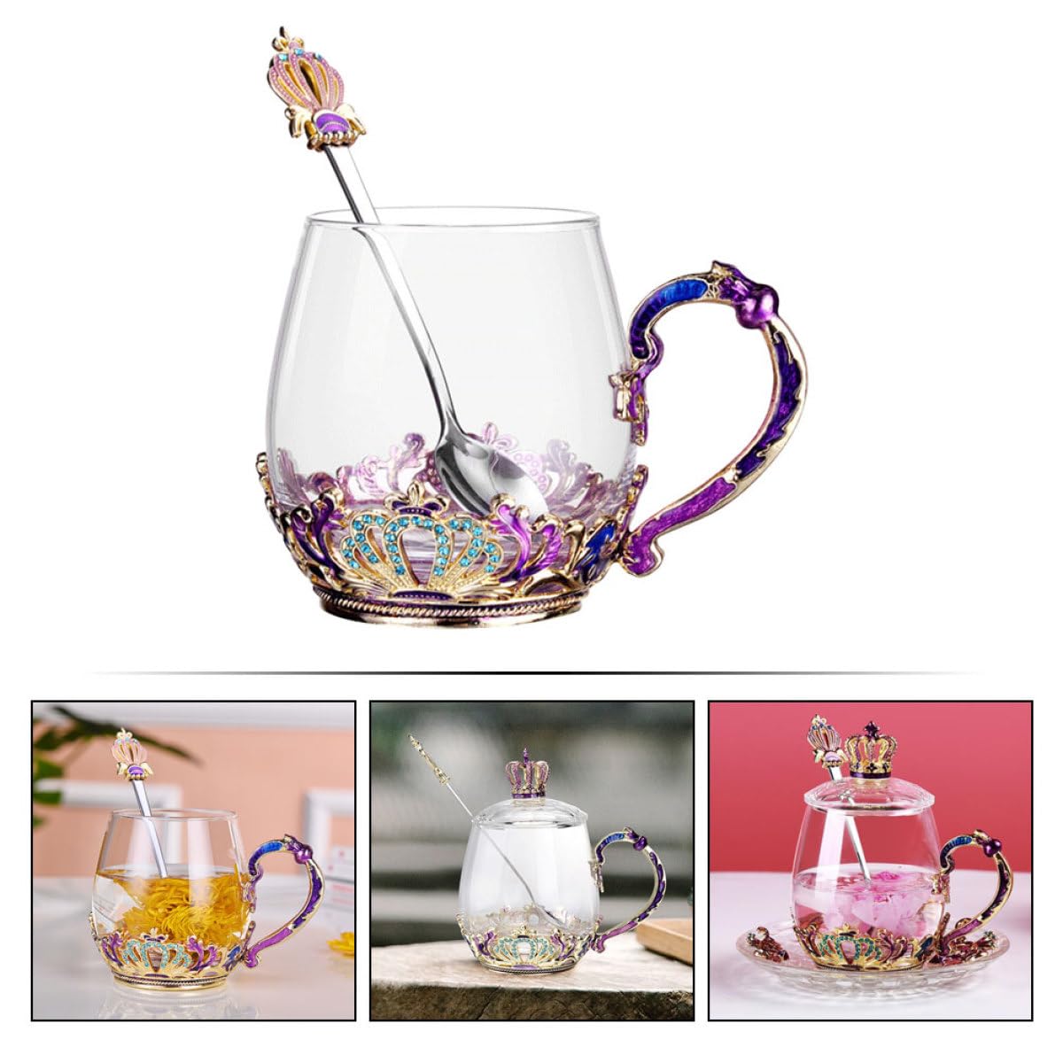 jojofuny Taza de Vidrio con Diseño Ergonómico y Resistente al Frío y Calor, Copa para Beber con Cuchara Incluida, Estilo Único Adecuado para Té y Jugos Color Aleatorio