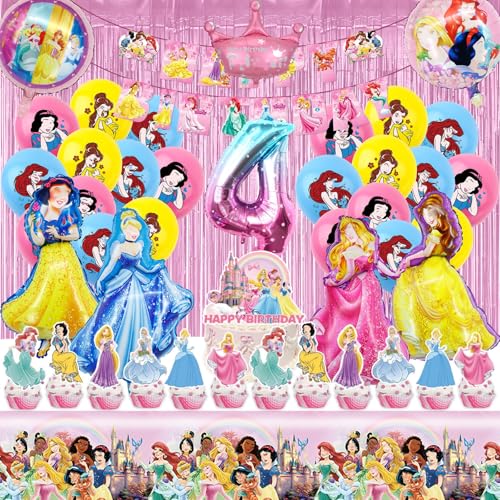 54pcs Girls Princess Birthday Party Supplies 4th Pink Theme Decorations Party Supplies with Foil Balloons Banner Tablecloth Cake Topper for Kids Girls Theme Party Decoration