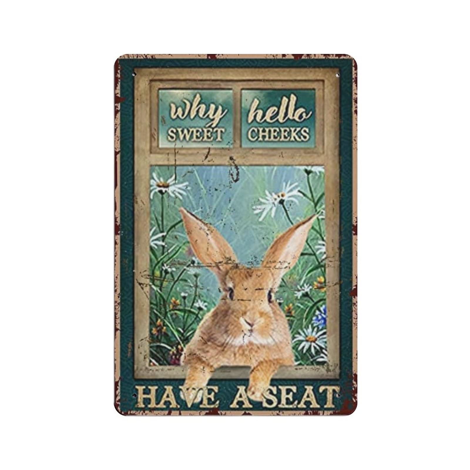 AOOEDM Hello Sweet Cheeks Rabbits Metal Tin Signs for Man Cave Funny Art Wall Plaque Kitchen Bar Sign Coffee Shop Garage Wall Decor Hanging Decor