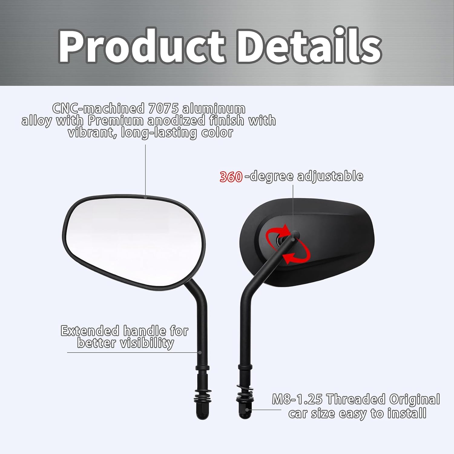 Black Rear View Side Handlebar Mirrors 360-Degree Adjustment Mirrors Long Stem for Harley 1982-2023 Sportster, Touring, Dyna, Softail also fits Most M8-1.25 Threaded Motorcycles