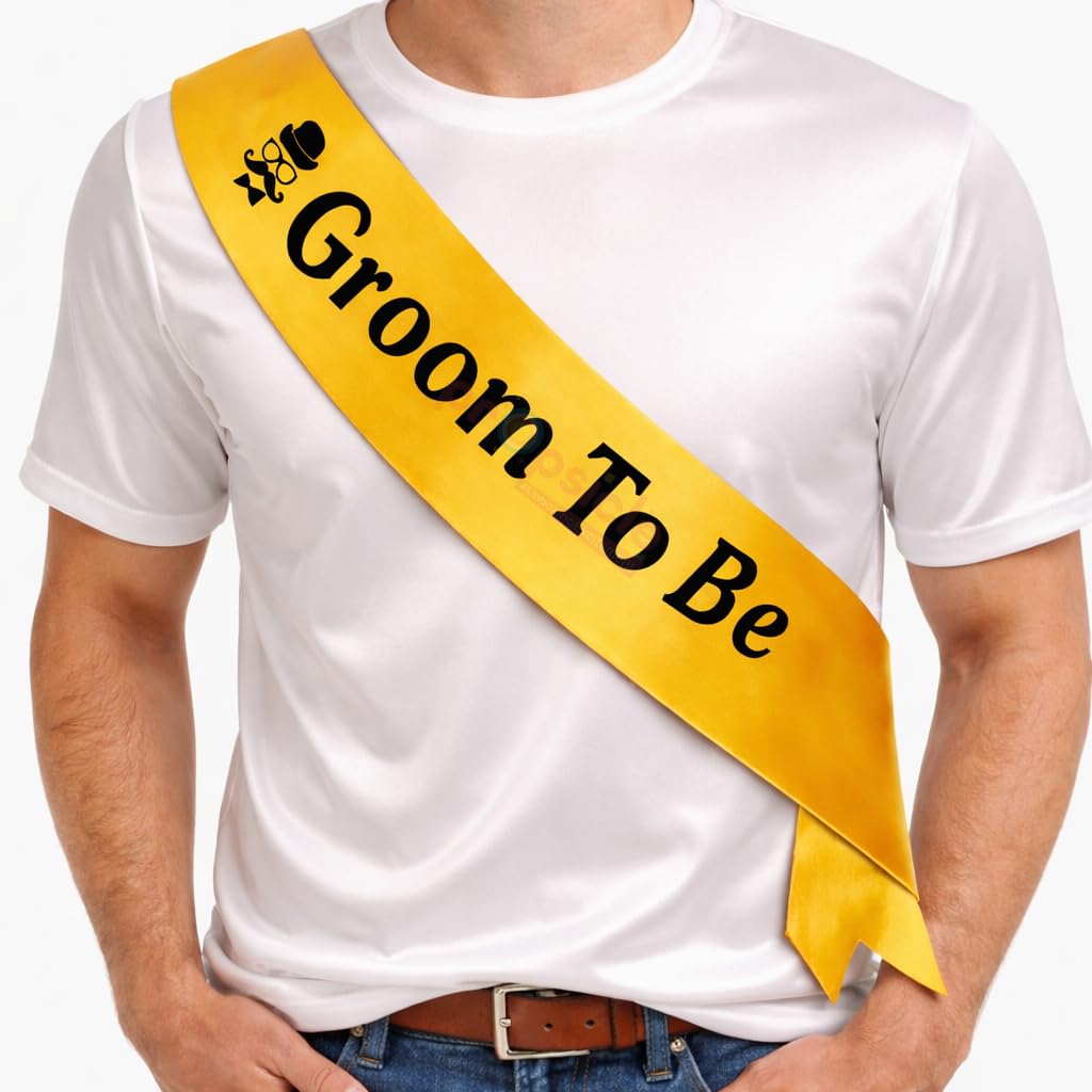 Propsicle Groom to Be Sash - (Pack of 1) Mustard Satin with Black Text for Bachelor Night, Pre Wedding, Engagement, Bachelors Party Props, Photo Booth Accessory for Men