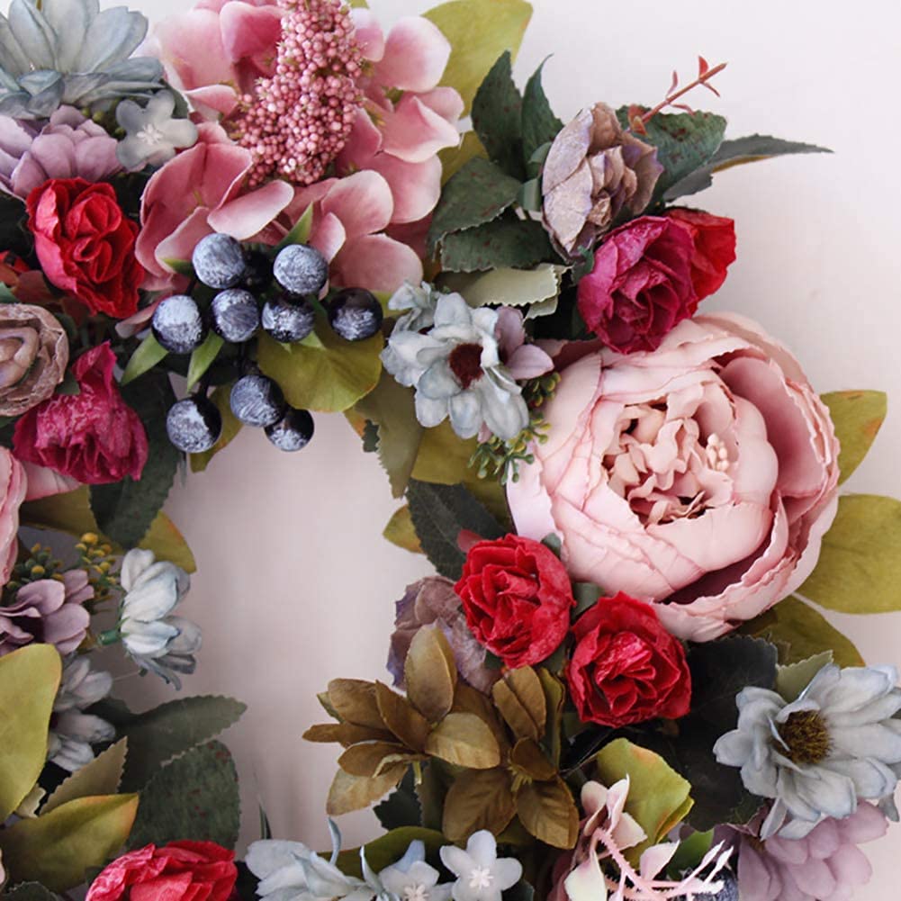 Couronnes De Vacances, Couronnes Porte D’entrée Fleur D’hortensia Artificielle Pivoine, Printemps Été Toutes Les Saisons Couronne Florale Ronde, Brindilles Vigne Suspendues Décor Mariage À La Maison