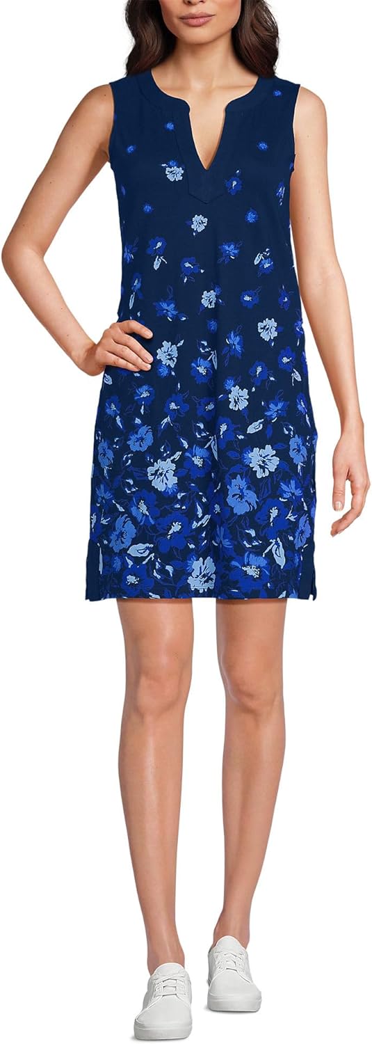 Lands' End Women's Cotton Jersey Notch Neck Dress with Soutache