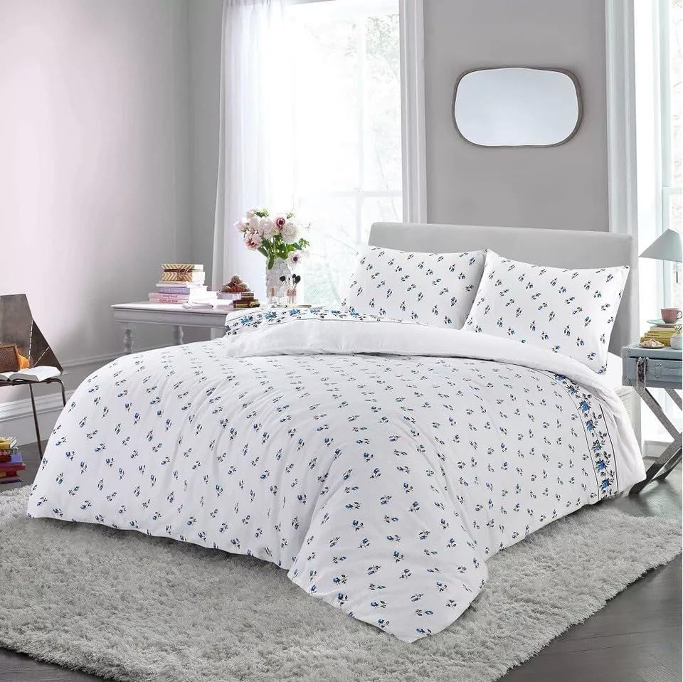 Axcent Comfort Rose Bud Blue Floral Printed Flannelette Super King Size Duvet Cover Set 100% Brushed Cotton Flannel Duvet Cover with 2 Pillowcases Reversible Bedding Quilt Set (260x220cm)