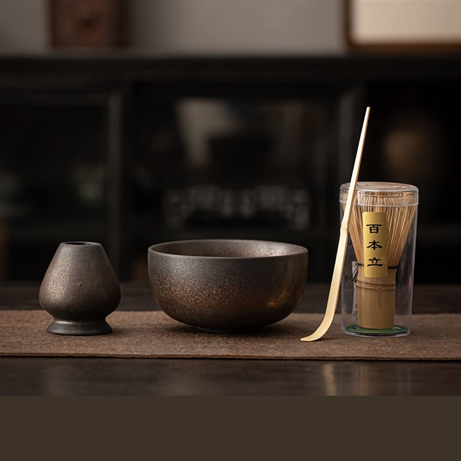 Service de cérémonie du thé matcha – 4 pièces avec bol, fouet, support et cuillère à thé – Kit de qualité supérieure pour la fabrication de thé traditionnelle